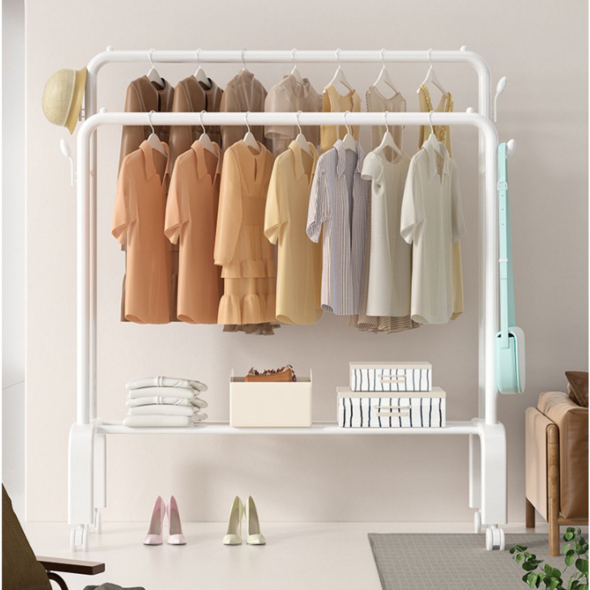 YOMYM - Perchero Doble Ropa Barra Acero Ganchos ropero placard Ruedas Blanco