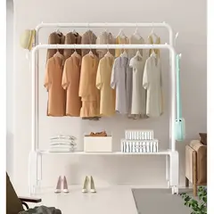 YOMYM - Perchero Doble Ropa Barra Acero Ganchos ropero placard Ruedas Blanco