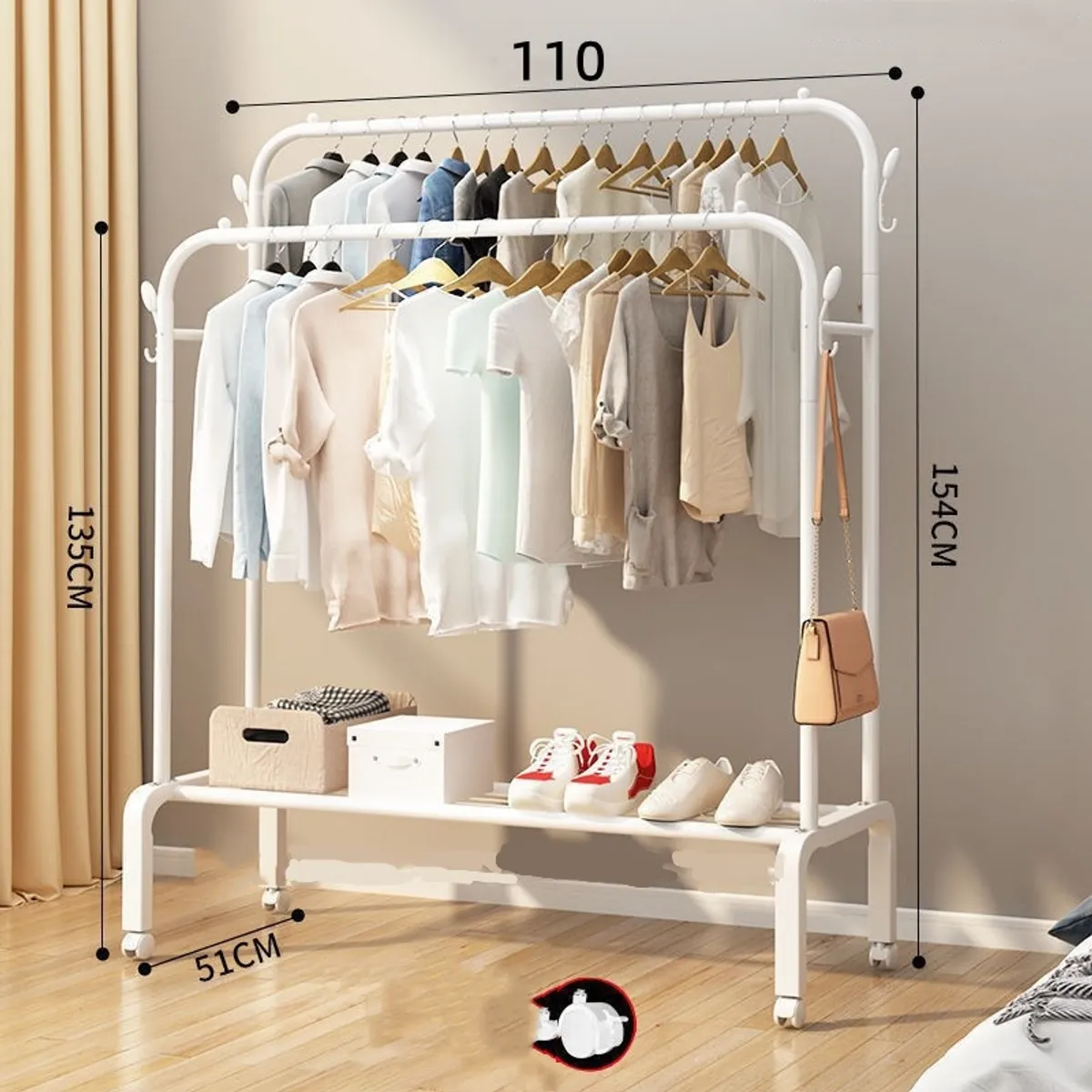 YOMYM - Perchero Doble Ropa Barra Acero Ganchos ropero placard Ruedas Blanco