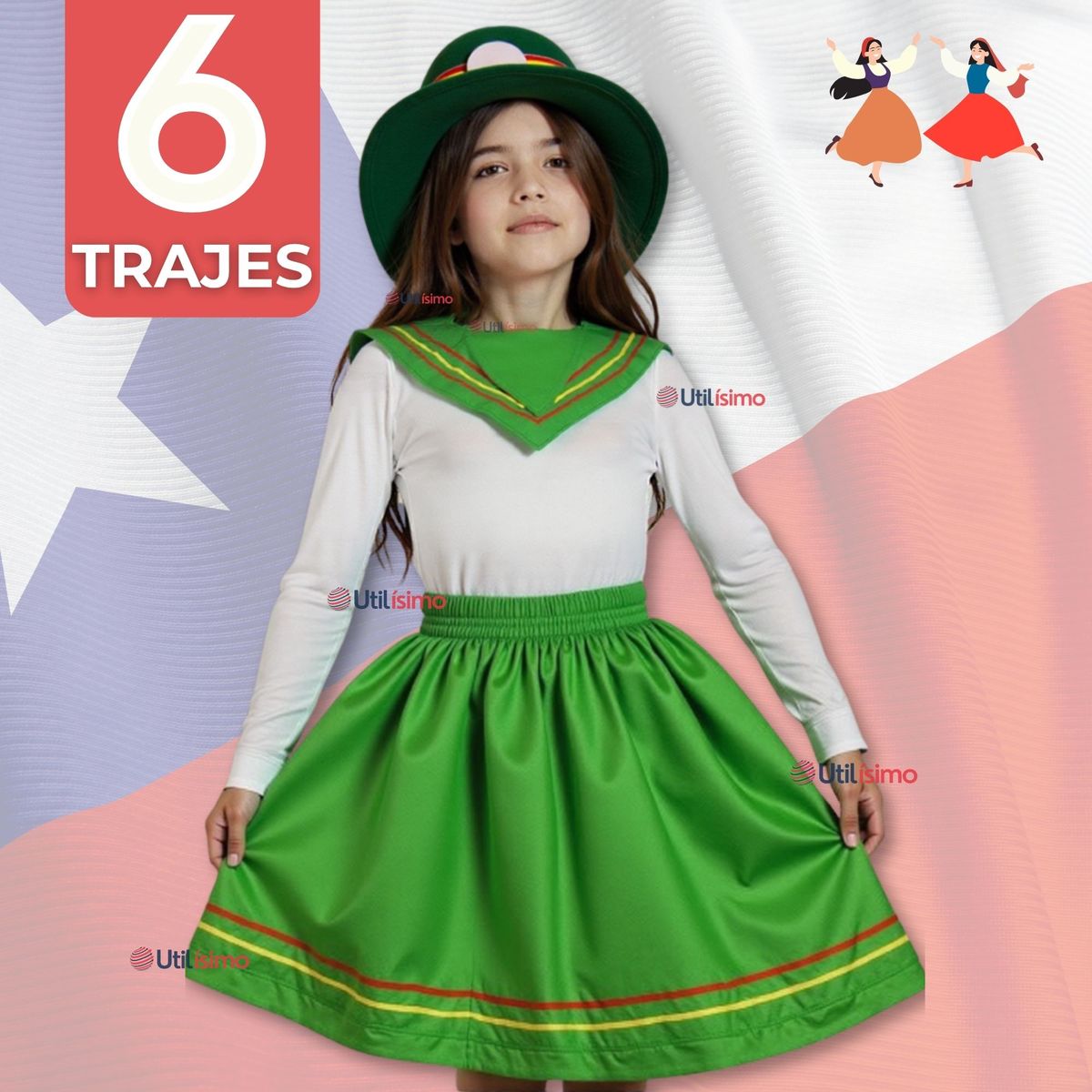 UTILISIMO - Pack 6 Traje Nortino Verde 3 Piezas Niña Fiestas Patrias Baile Nortino