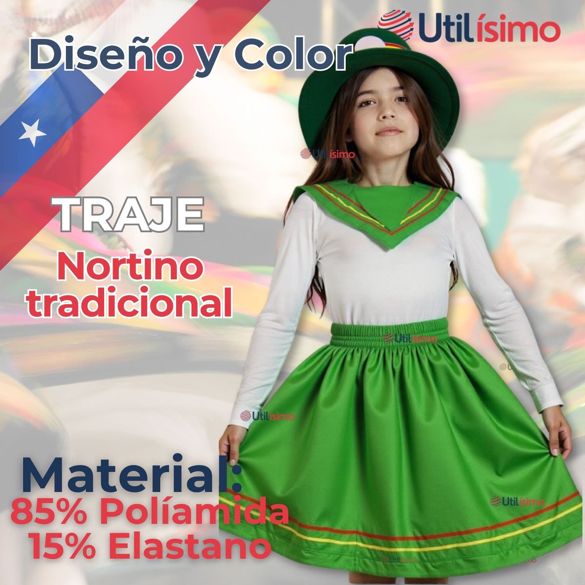 UTILISIMO - Pack 6 Traje Nortino Verde 3 Piezas Niña Fiestas Patrias Baile Nortino