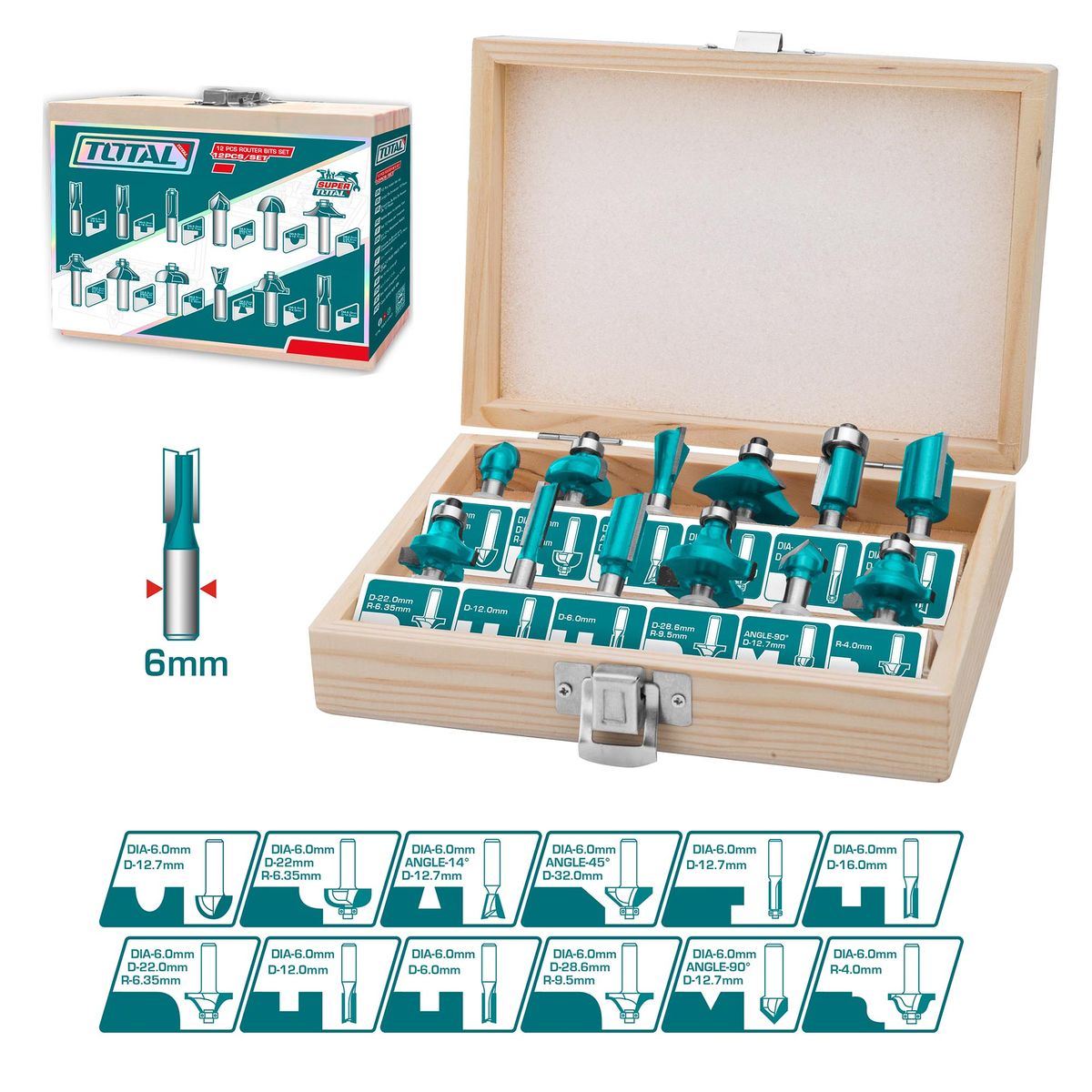 TOTAL TOOLS - Juego de Fresas para Router 12 Piezas 6 mm Total