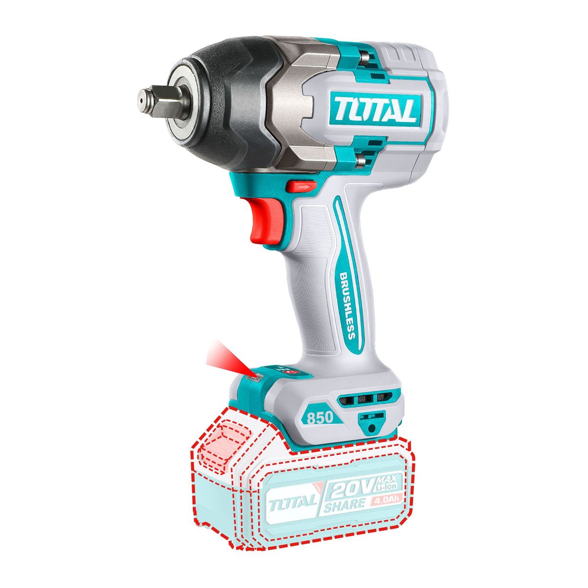 TOTAL TOOLS - Llave de Impacto 1/2" 850 Nm Industrial Brushless con 2 Baterías 4Ah, 3 Dados y Cargador Total