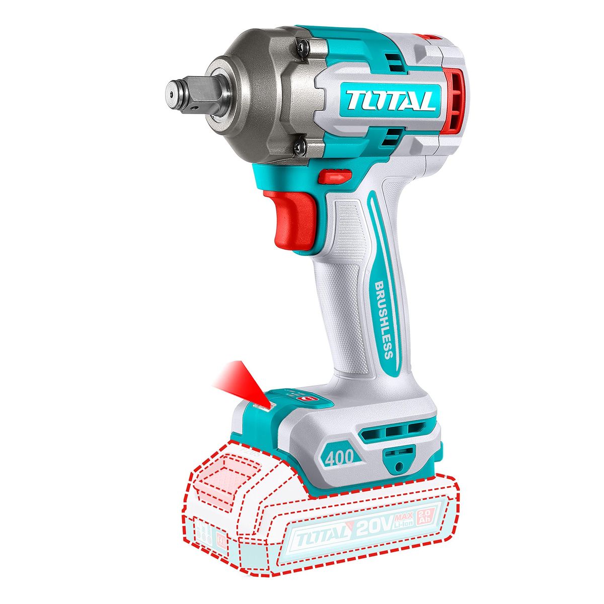 TOTAL TOOLS - Llave Impacto Brushless 1/2" 400 Nm con 2 Baterías 2Ah, 20V y Cargador Total