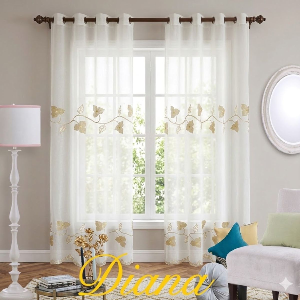 DIANA - Visillo Bordado 2 Paños con diseños de hojas doradas