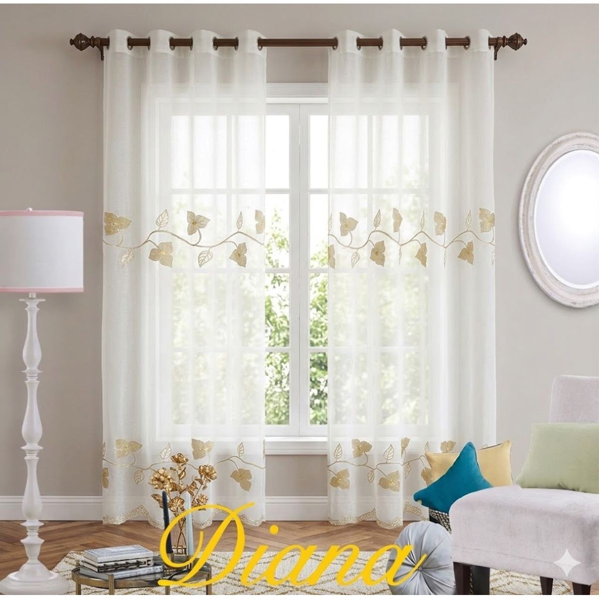 DIANA - Visillo Bordado 2 Paños con diseños de hojas doradas