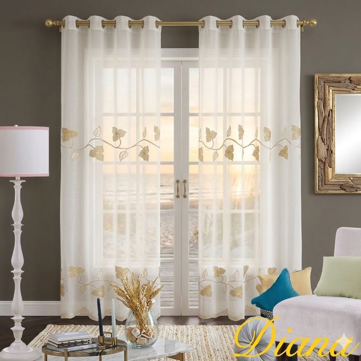 DIANA - Visillo Bordado 2 Paños con diseños de hojas doradas