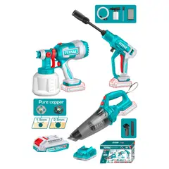 TOTAL TOOLS - Kit 20V Pulverizadora y Hidrolavadora y Aspiradora 2 Baterías y Cargador Total