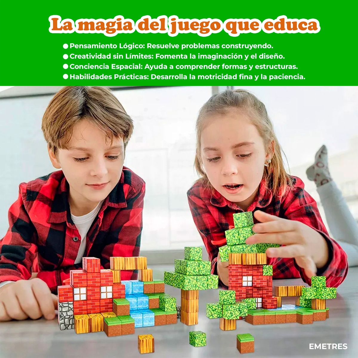 EMETRES - Bloques Mine-craft Magneticos 144 Pzas Armables Para Niños