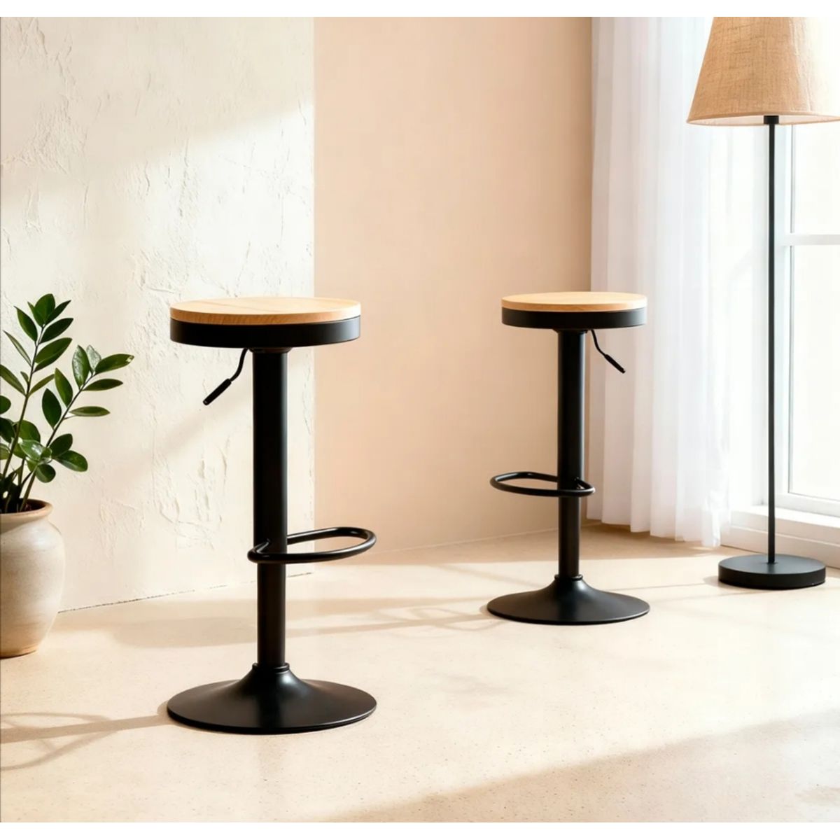 ARTIHOGAR - Pack 2 Taburetes Piso Bar Altura Regulable Tope Madera