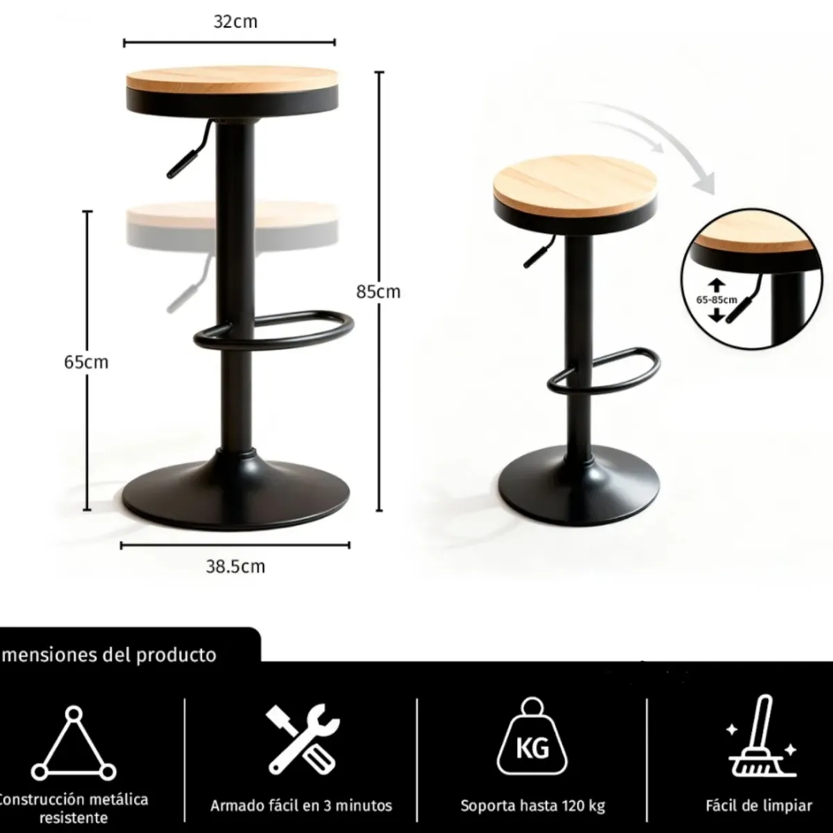ARTIHOGAR - Pack 2 Taburetes Piso Bar Altura Regulable Tope Madera