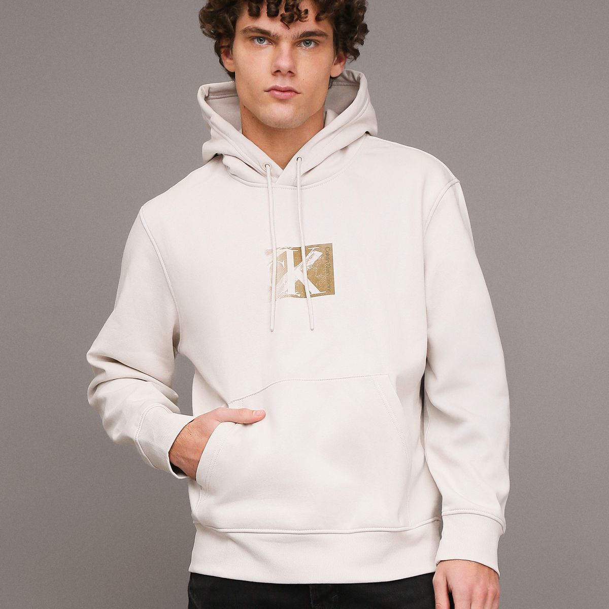 CALVIN KLEIN - Polerón con Gorro Small Ck Box Blanco Calvin Klein