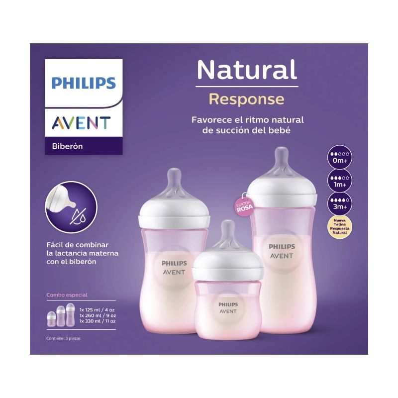 AVENT - Pack 3 Mamaderas Avent Natural 125ml 260ml 330ml Rosa