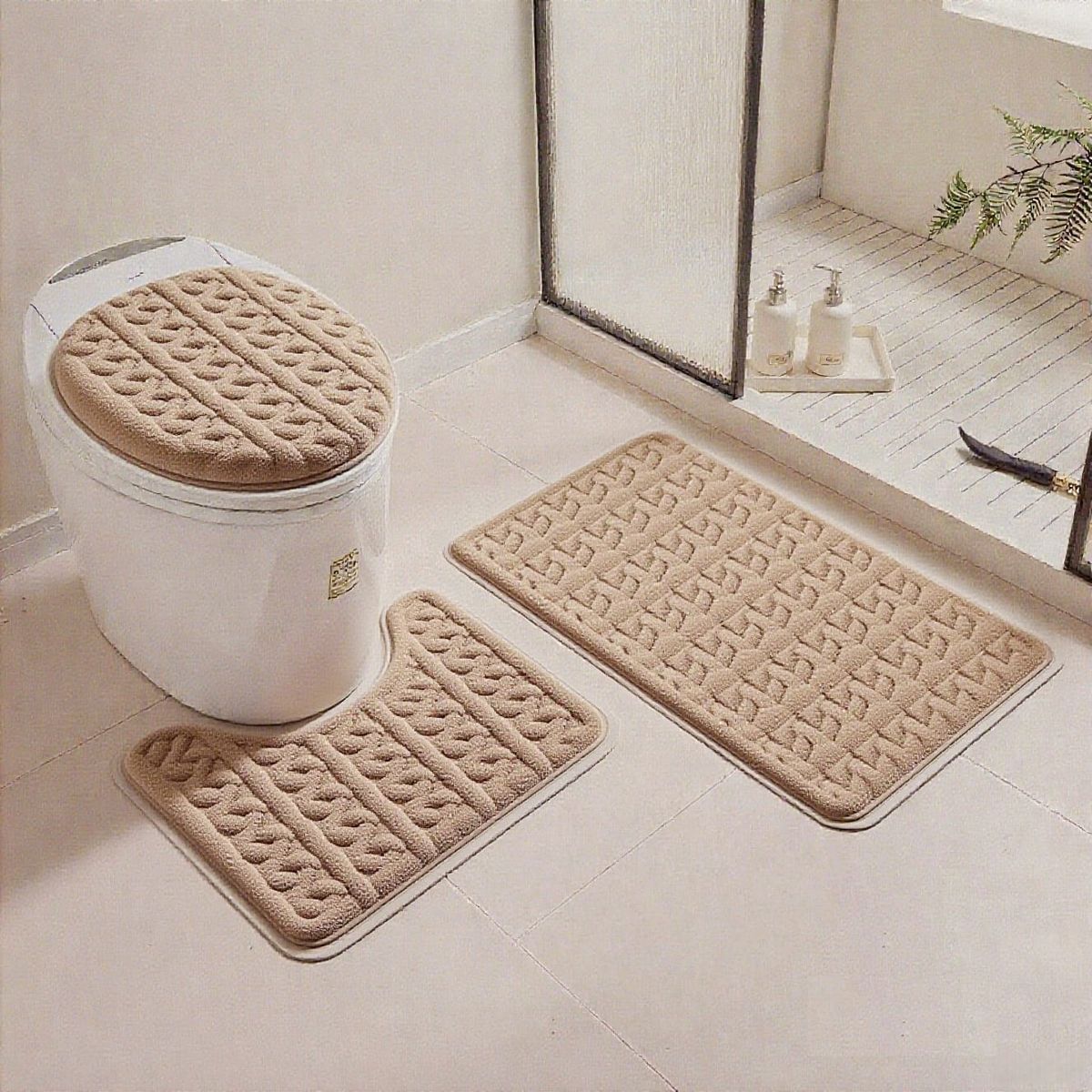 GENERICO - SET DE BAÑO 3 PIEZAS MODERNO ELEGANTE MARRON DISEÑO TRENZADO TF