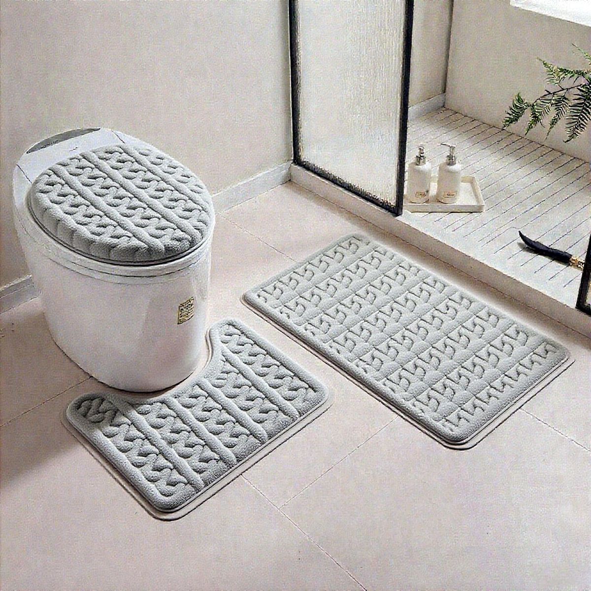 GENERICO - SET DE BAÑO 3 PIEZAS MODERNO ELEGANTE GRIS DISEÑO TRENZADO TF