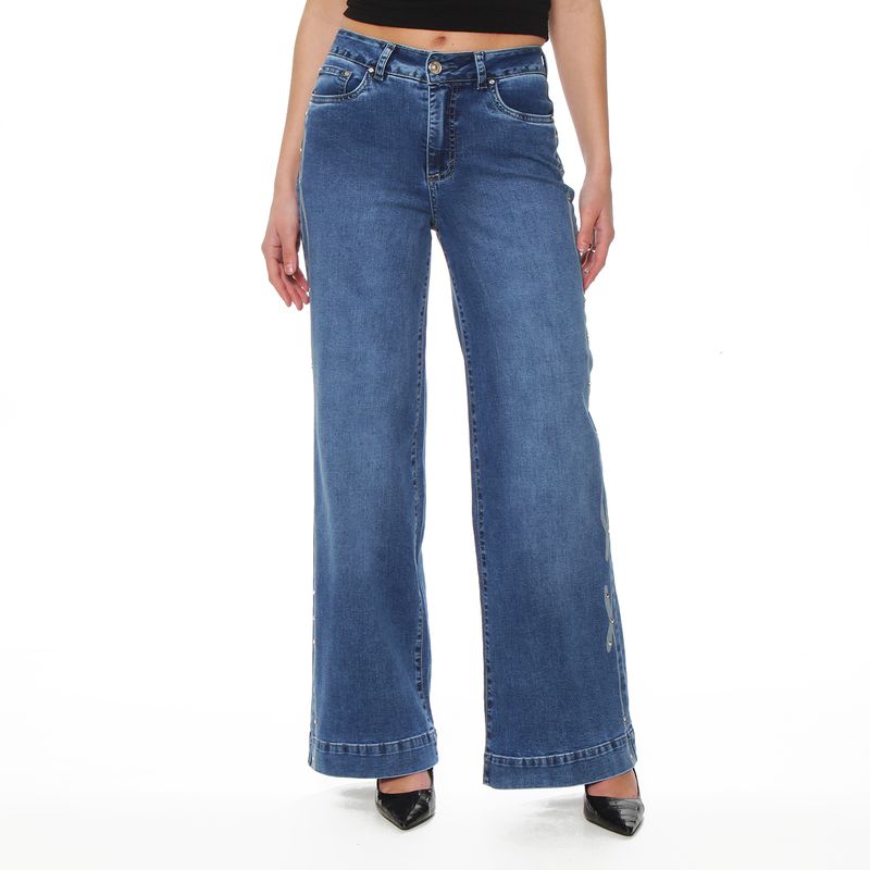 WADOS - JEANS WIDE LEG TIRO ALTO PRETINA BASICA 1 BOTON APLICACION STRASS