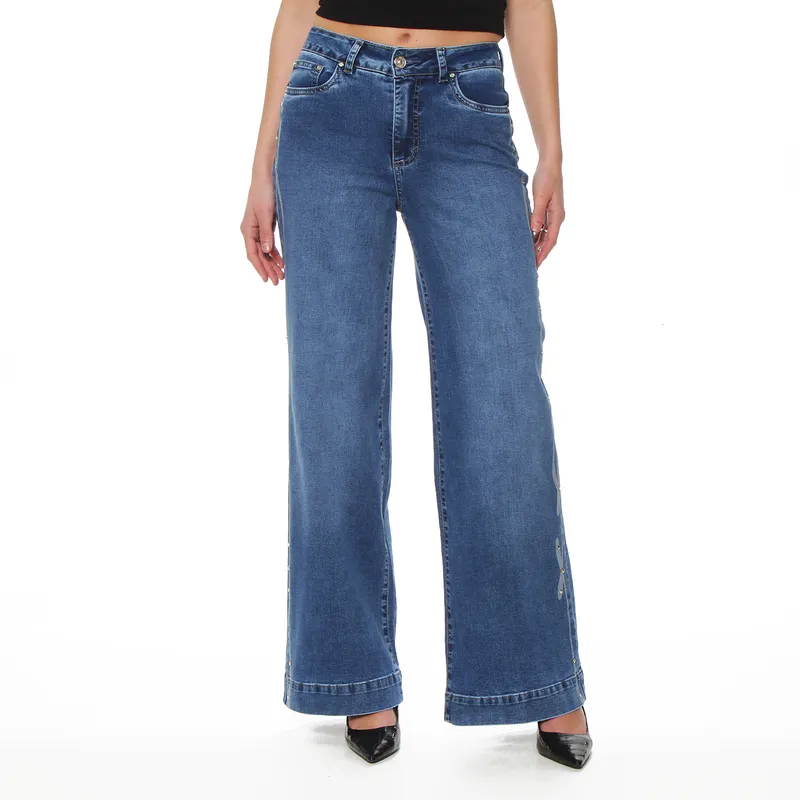 WADOS - JEANS WIDE LEG TIRO ALTO PRETINA BASICA 1 BOTON APLICACION STRASS