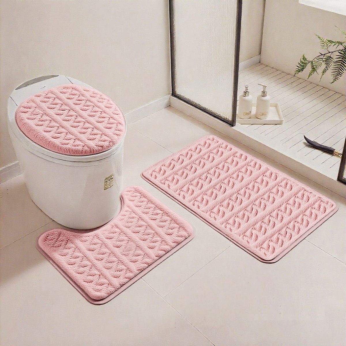 GENERICO - SET DE BAÑO 3 PIEZAS MODERNO ELEGANTE ROSADO DISEÑO TRENZADO TF