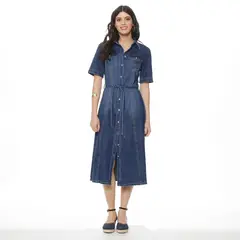WADOS - VESTIDO MANGA CORTA DENIM ABOTONADO EN DELANTERO Y LAZO EN CINTURA