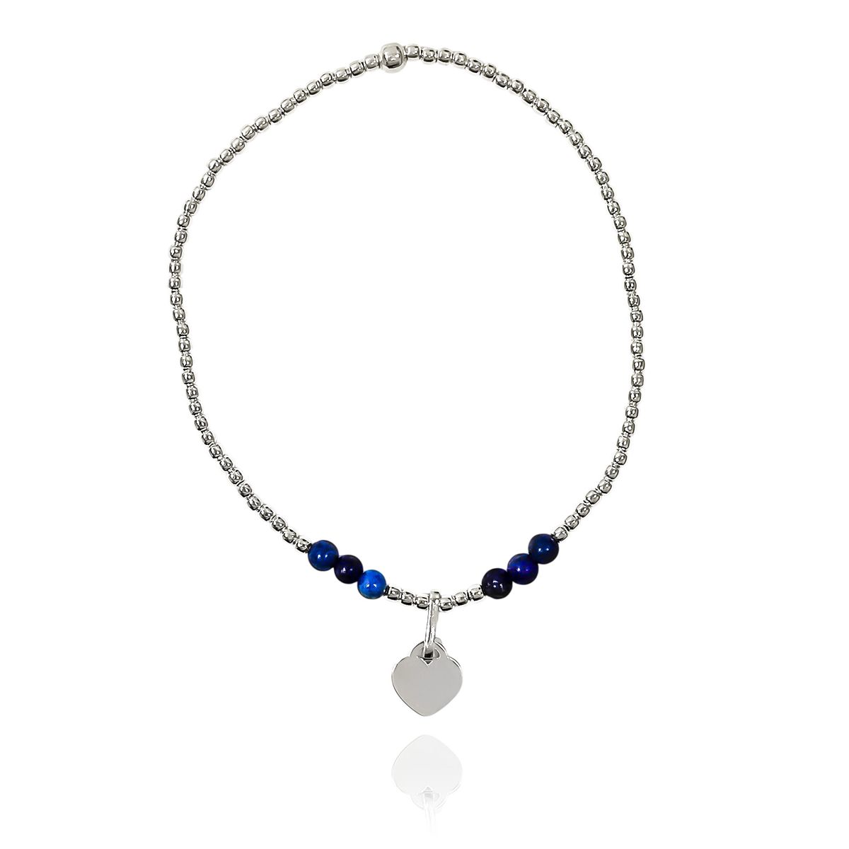 COGGIOLA - Pulsera Lapislázuli Corazón Bolitas Plata Fina 925 Elásticada