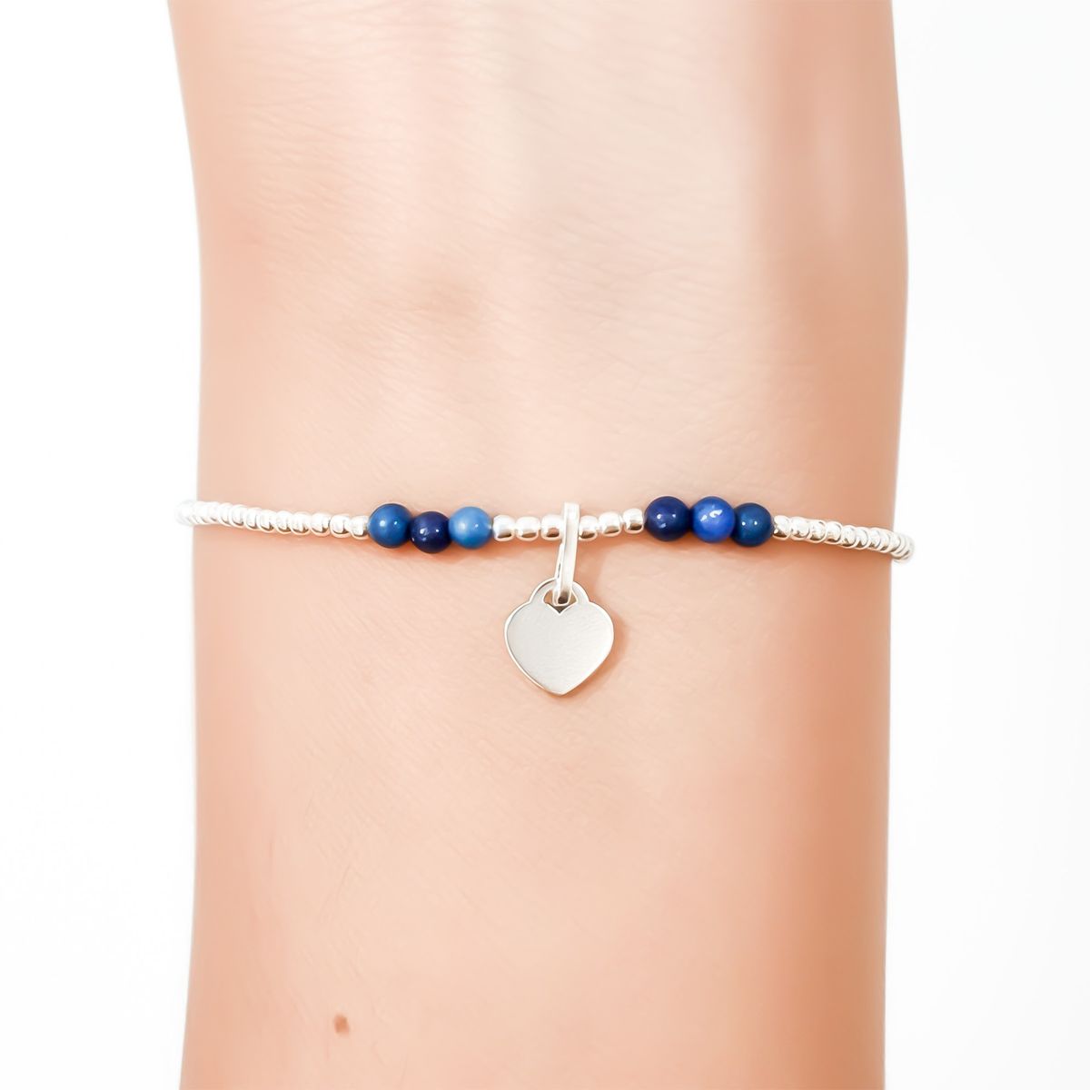 COGGIOLA - Pulsera Lapislázuli Corazón Bolitas Plata Fina 925 Elásticada