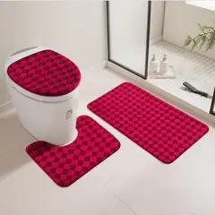 GENERICO - SET DE BAÑO 3 PIEZAS MODERNO ELEGANTE VINO DISEÑO CUADRITOS TF