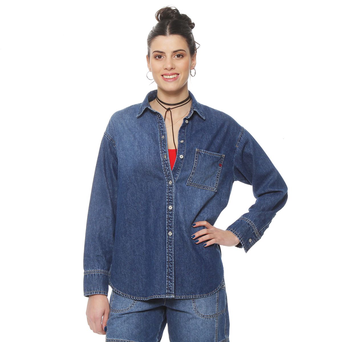 WADOS - BLUSA DENIM MANGA LARGA ABOTONADA EN DELANTERO  CON BOLSILLO