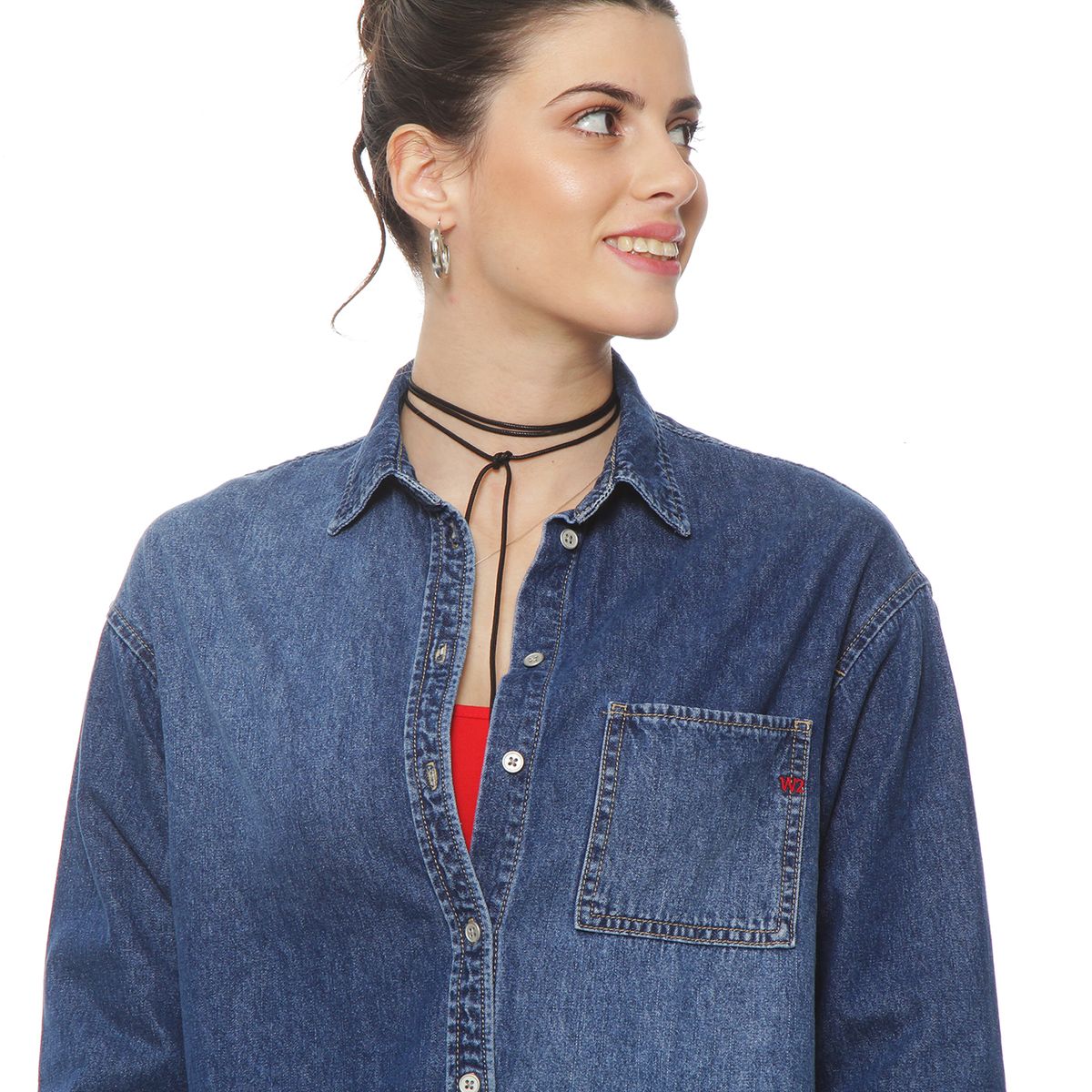 WADOS - BLUSA DENIM MANGA LARGA ABOTONADA EN DELANTERO  CON BOLSILLO