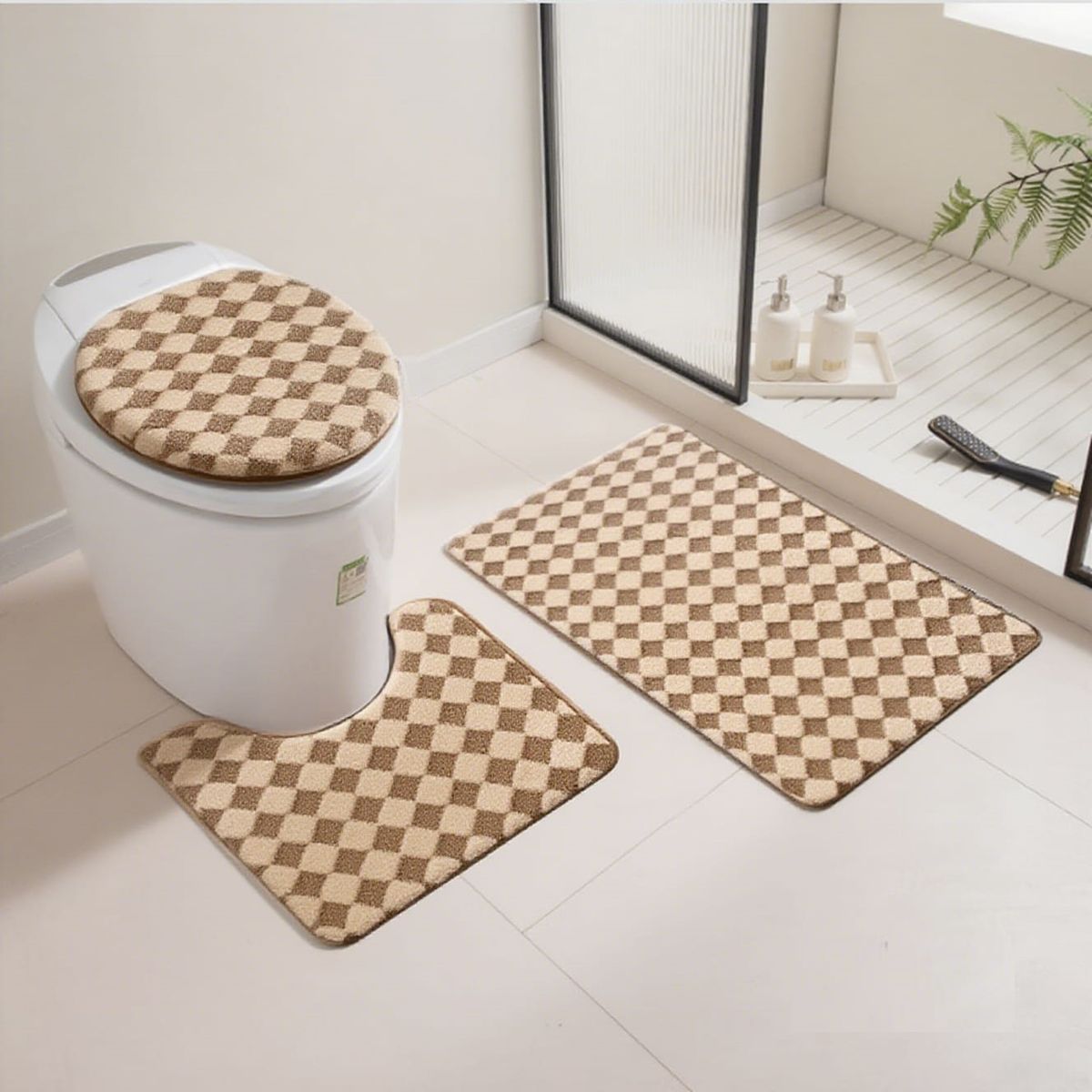 GENERICO - SET DE BAÑO 3 PIEZAS MODERNO ELEGANTE MARRON DISEÑO CUADRITOS TF