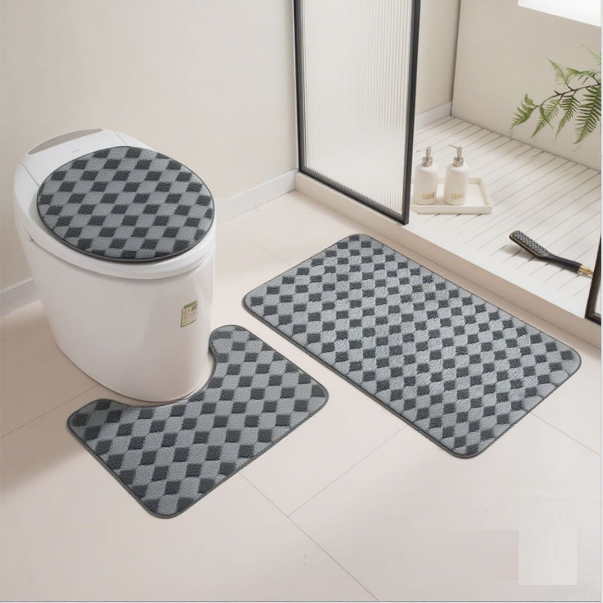 GENERICO - SET DE BAÑO 3 PIEZAS MODERNO ELEGANTE GRIS DISEÑO CUADRITOS TF