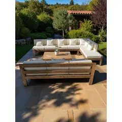 MIARUSTE - TERRAZA RÚSTICA ELE 10 CUERPOS MADERA COLOR ROBLE COJINERÍA CRUDO