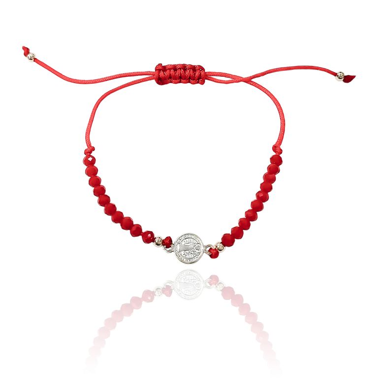 Pulsera Medalla San Benito Plata Fina 925 Cristal Cordon Rojo Plateado TALLA UNICA