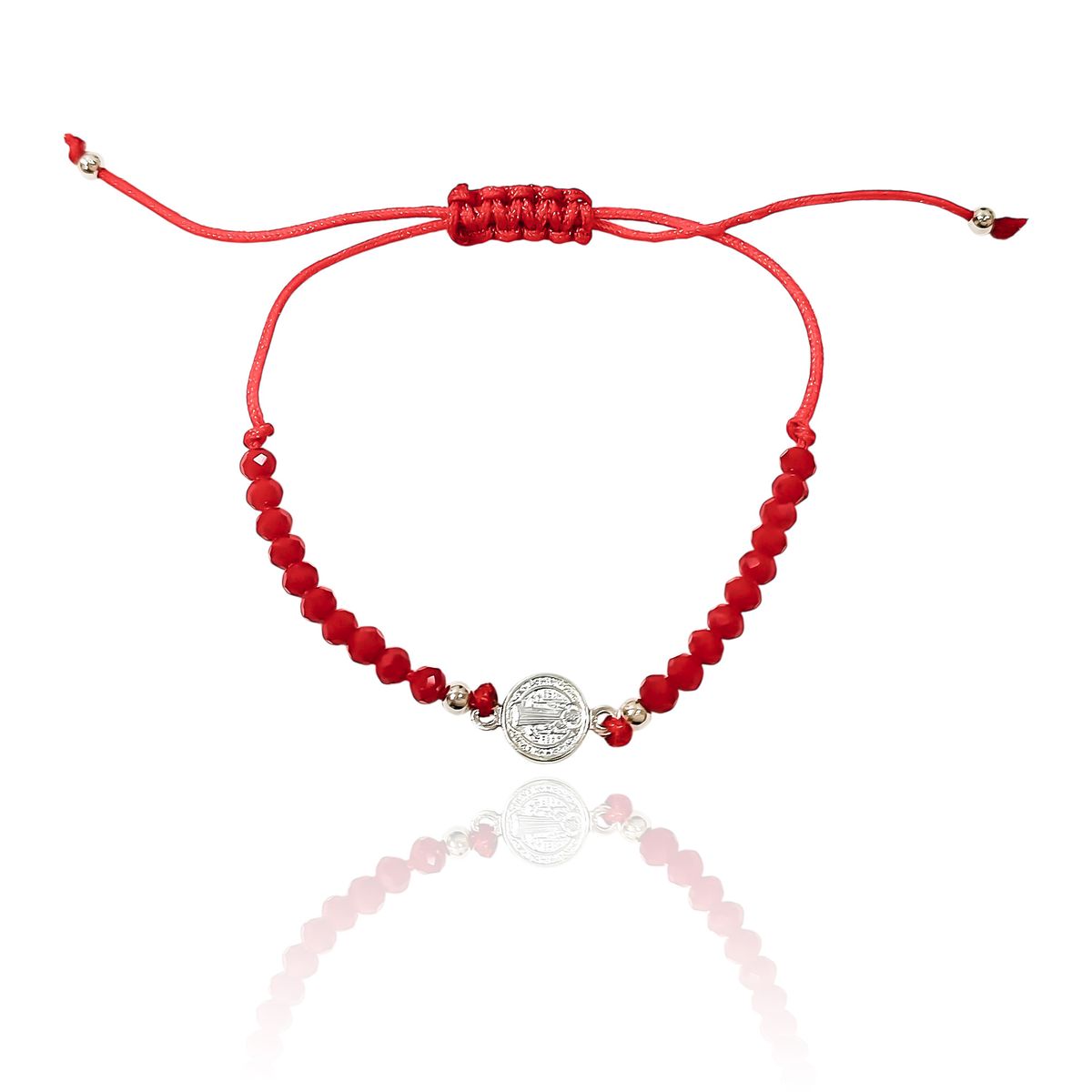 COGGIOLA - Pulsera Medalla San Benito Plata Fina 925 Cristal Cordón Rojo
