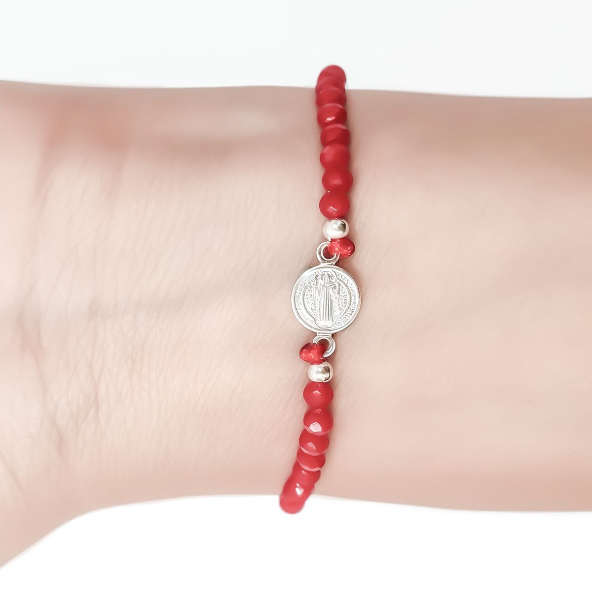 COGGIOLA - Pulsera Medalla San Benito Plata Fina 925 Cristal Cordón Rojo