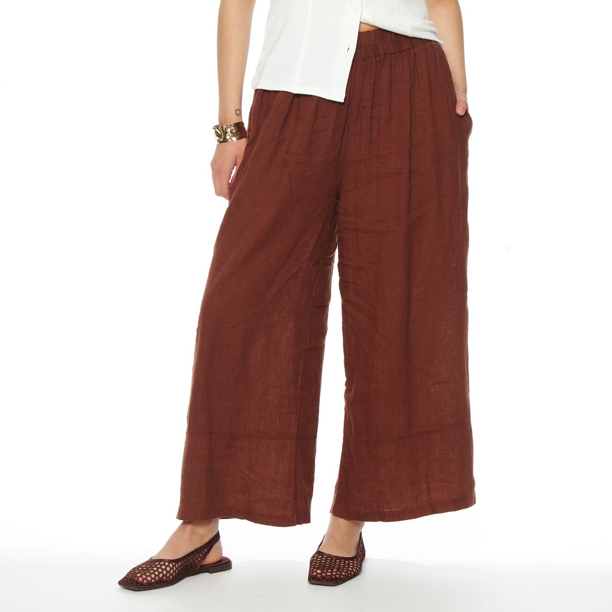 WADOS - PANTALON LINO WIDE LEG TIRO ALTO PRETINA ELASTICADA