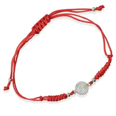 ANDREA COGGIOLA JOYAS - Pulsera Medalla San Benito Plata Fina 925 Cordón Rojo Tejido