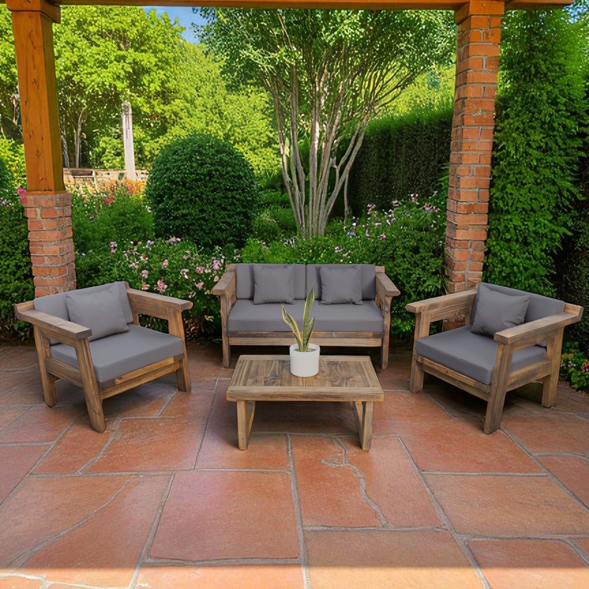 MIARUSTE - TERRAZA RÚSTICA MIARUSTE MARIAND 4 CUERPOS COLOR ROBLE COJINERÍA GRIS MEDIO