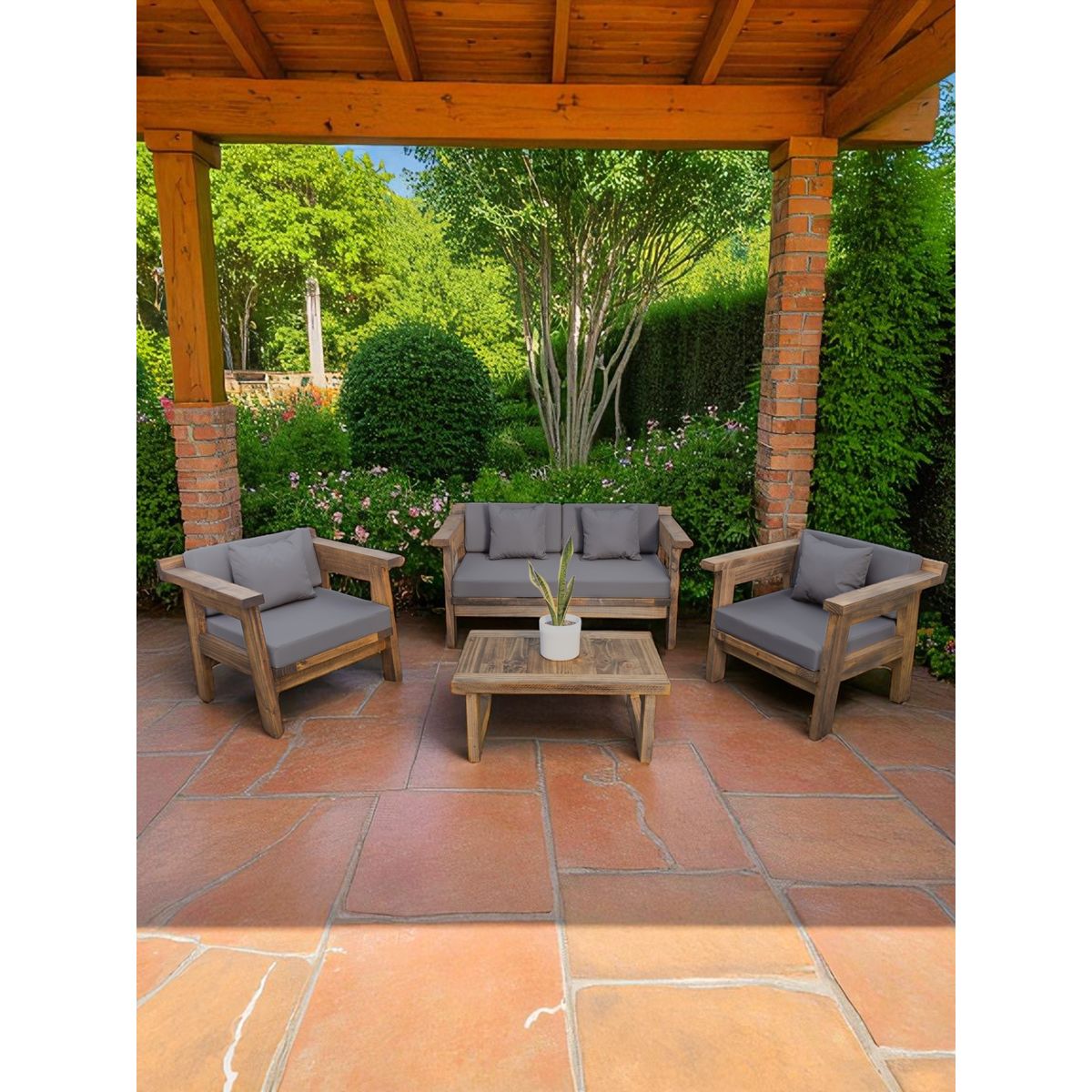 MIARUSTE - TERRAZA RÚSTICA MIARUSTE MARIAND 4 CUERPOS COLOR ROBLE COJINERÍA GRIS MEDIO