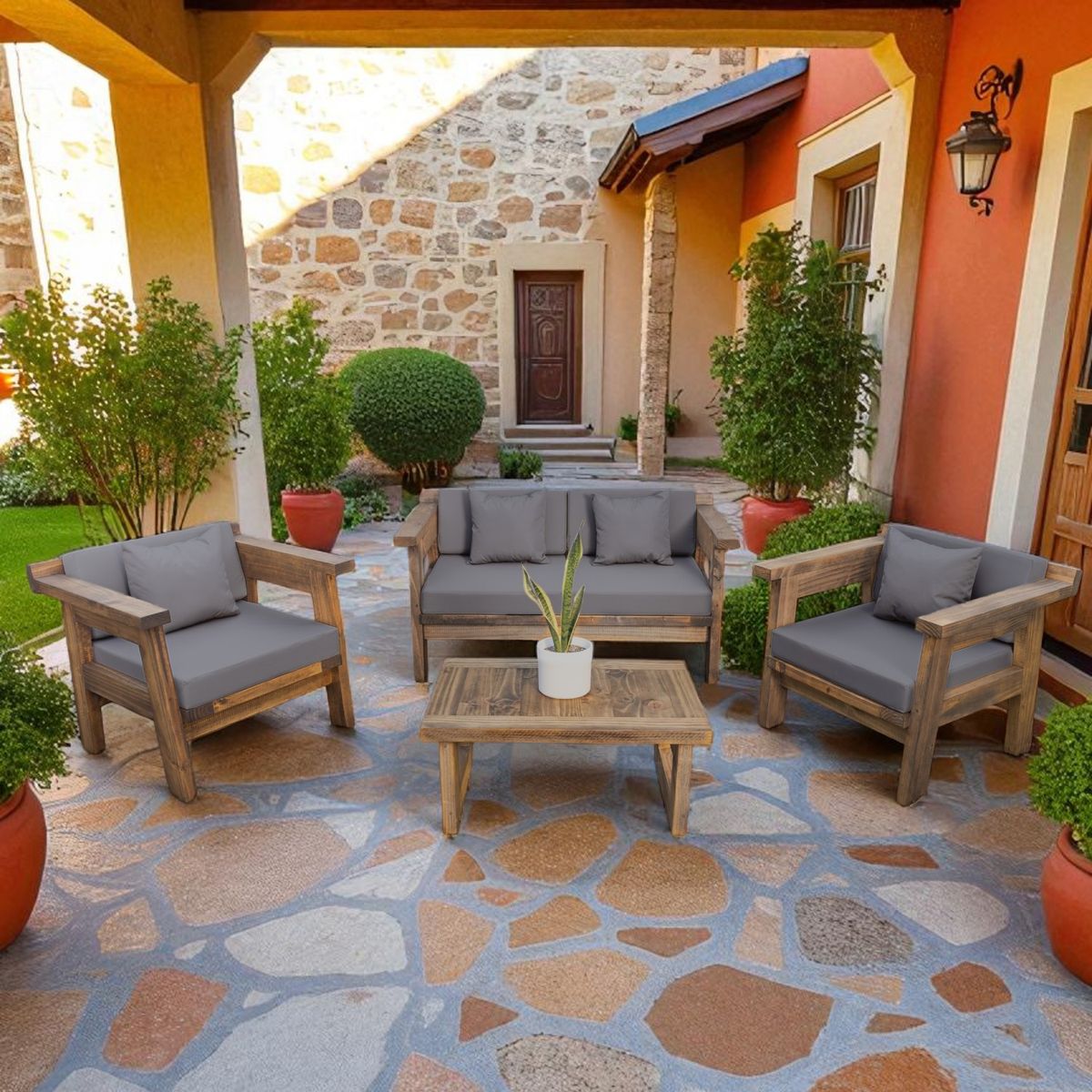 MIARUSTE - TERRAZA RÚSTICA MIARUSTE MARIAND 4 CUERPOS COLOR ROBLE COJINERÍA GRIS MEDIO