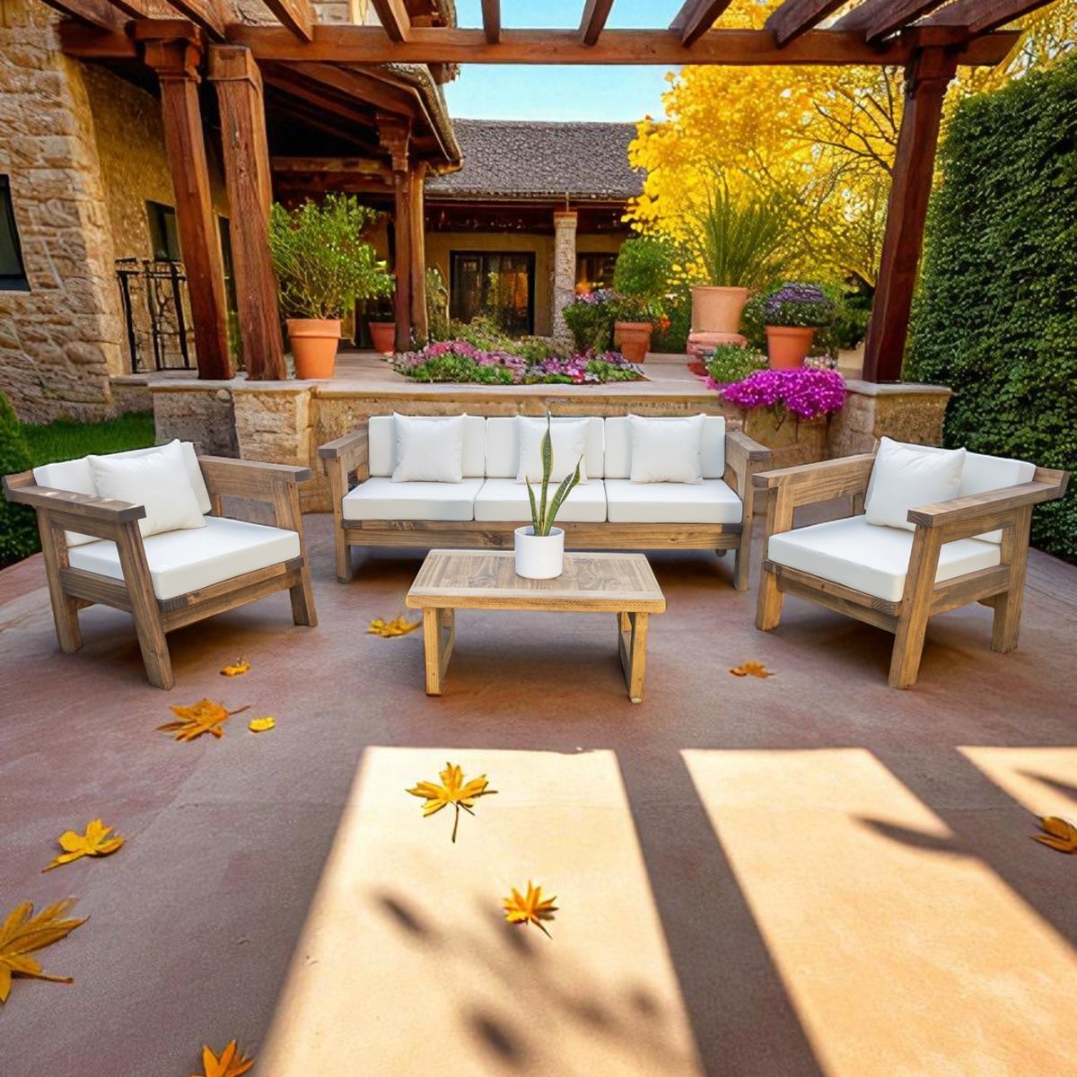 MIARUSTE - TERRAZA RÚSTICA MIARUSTE MARIAND 5 CUERPOS MADERA COLOR ROBLE COJINERÍA CRUDO