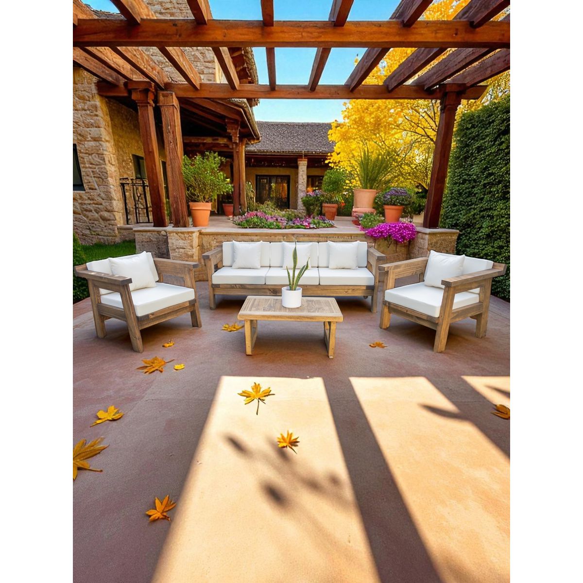 MIARUSTE - TERRAZA RÚSTICA MIARUSTE MARIAND 5 CUERPOS MADERA COLOR ROBLE COJINERÍA CRUDO