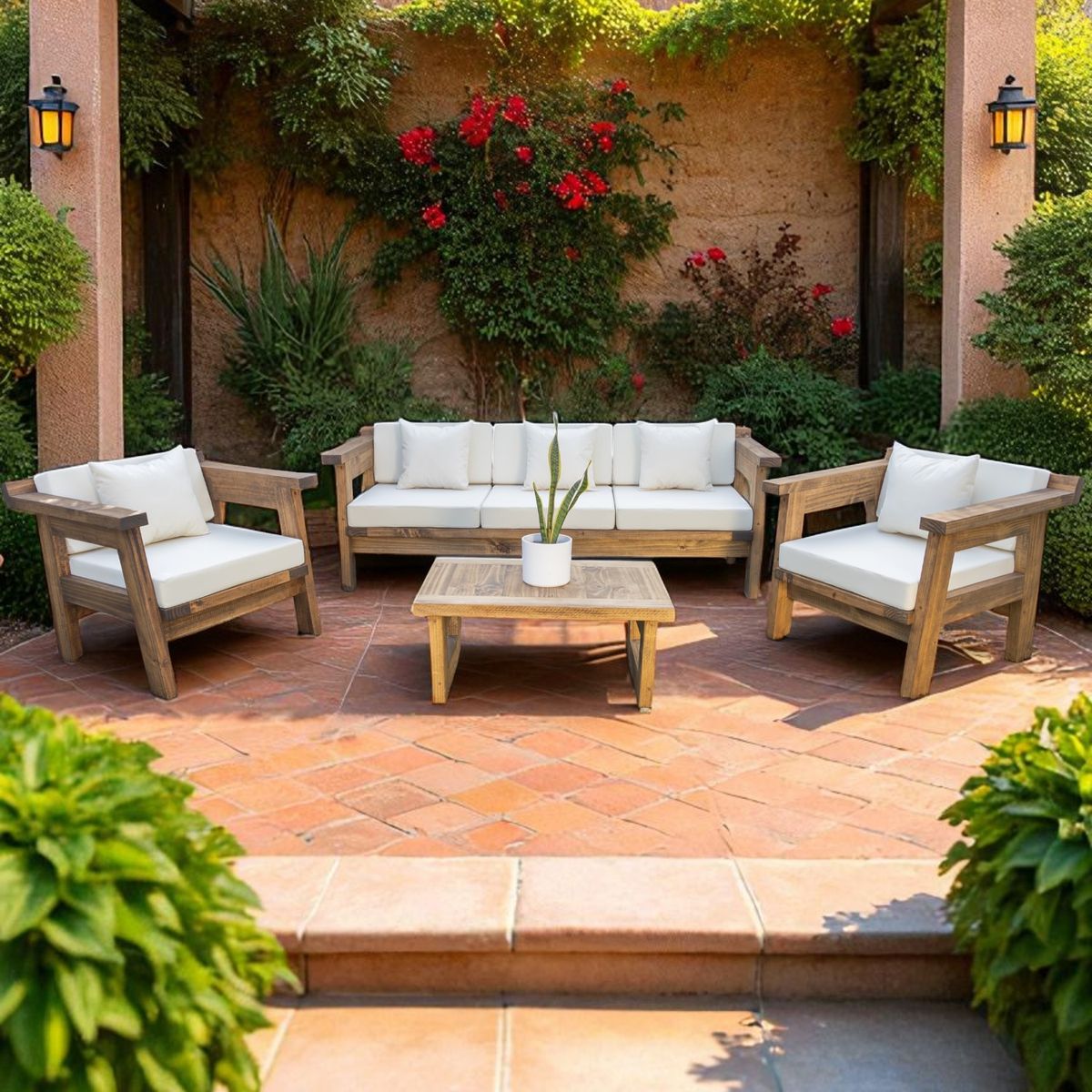 MIARUSTE - TERRAZA RÚSTICA MIARUSTE MARIAND 5 CUERPOS MADERA COLOR ROBLE COJINERÍA CRUDO