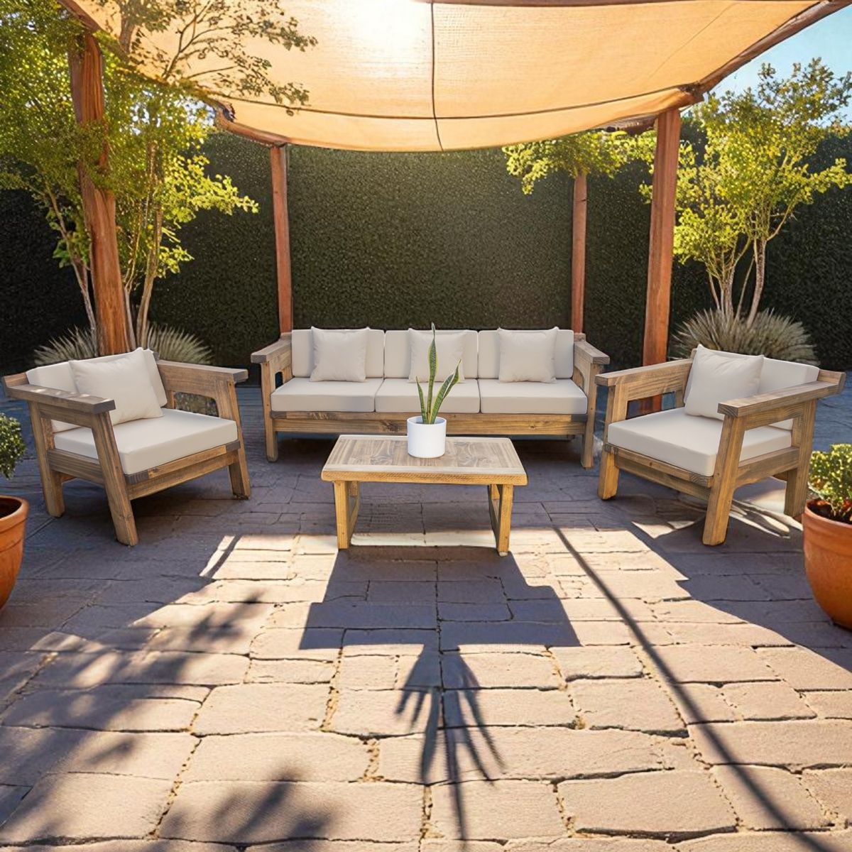 MIARUSTE - TERRAZA RÚSTICA MIARUSTE MARIAND 5 CUERPOS MADERA COLOR ROBLE COJINERÍA BEIGE