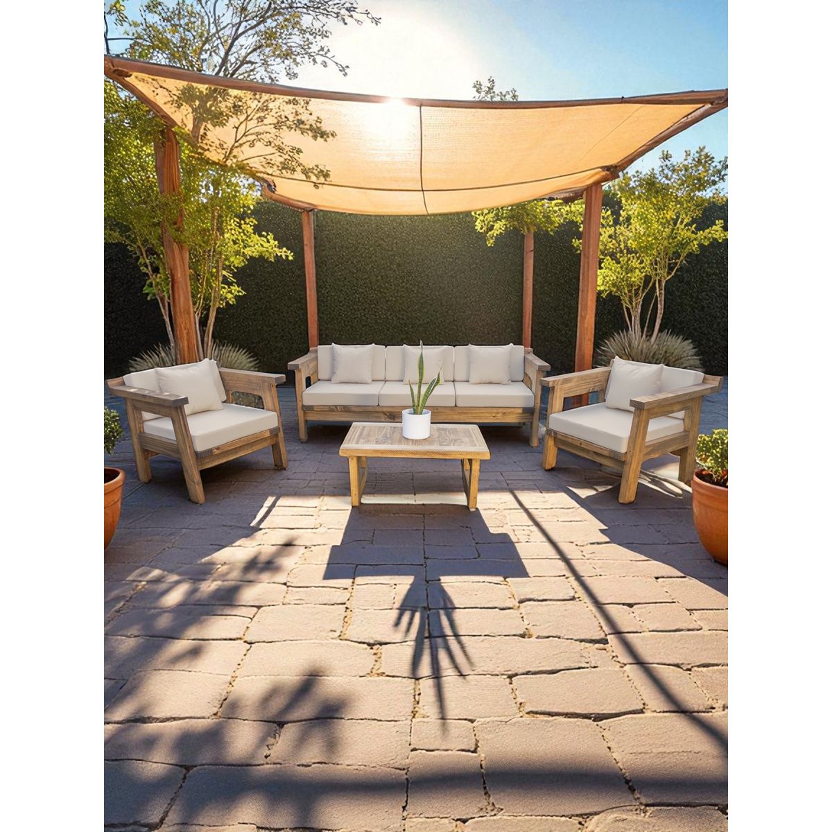 MIARUSTE - TERRAZA RÚSTICA MIARUSTE MARIAND 5 CUERPOS MADERA COLOR ROBLE COJINERÍA BEIGE