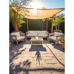 MIARUSTE - TERRAZA RÚSTICA MARIAND 5 CUERPOS MADERA COLOR ROBLE COJINERÍA BEIGE.