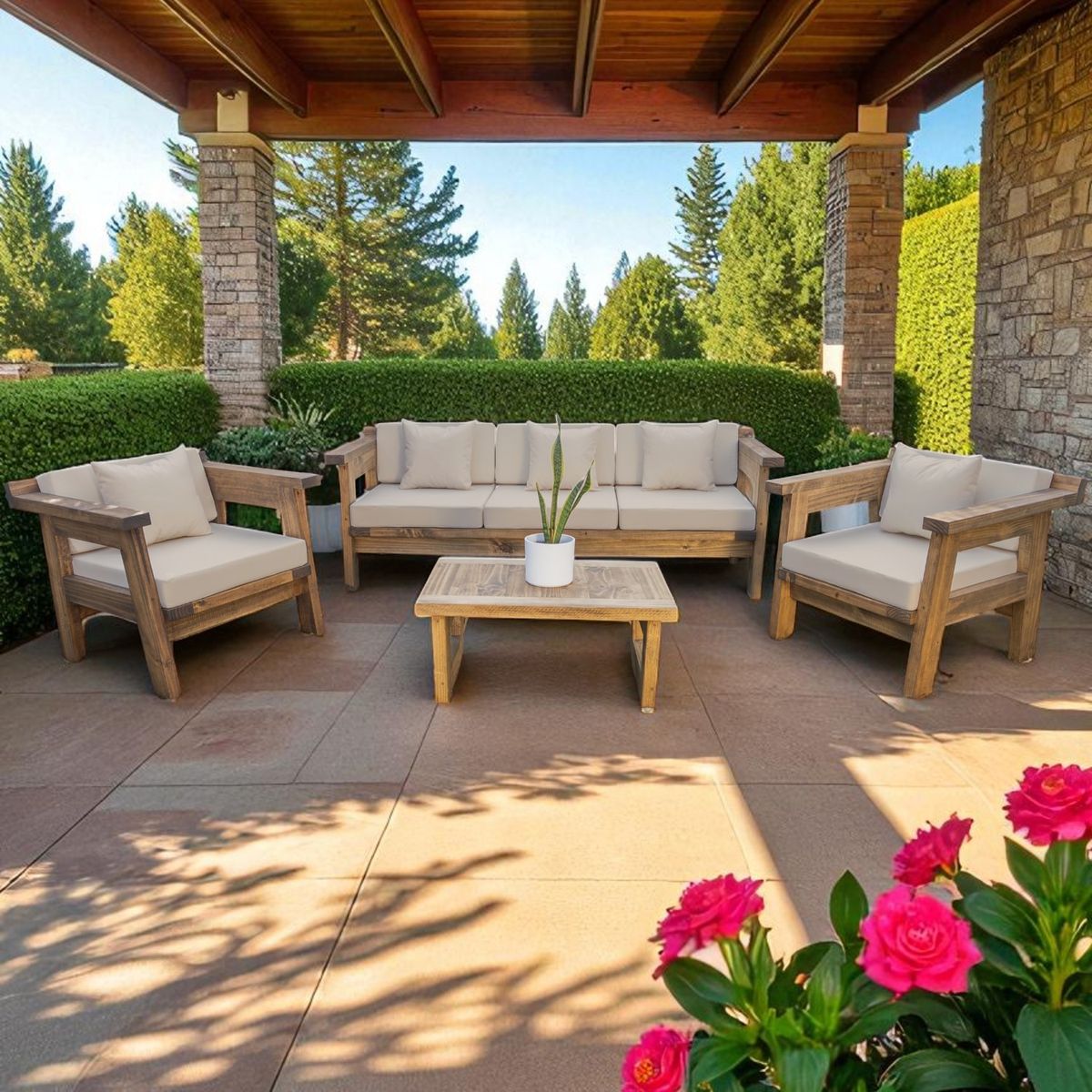 MIARUSTE - TERRAZA RÚSTICA MIARUSTE MARIAND 5 CUERPOS MADERA COLOR ROBLE COJINERÍA BEIGE