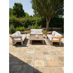 MIARUSTE - TERRAZA RÚSTICA MARIAND 6 CUERPOS MADERA COLOR ROBLE COJINERÍA CRUDO