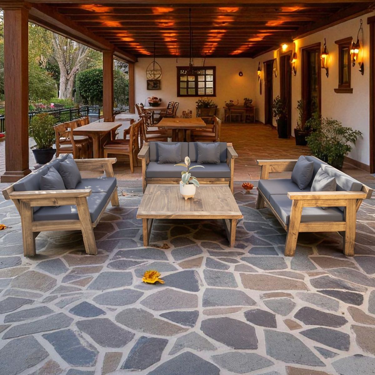 MIARUSTE - TERRAZA RÚSTICA MIARUSTE MARIAND 6 CUERPOS COLOR ROBLE COJINERÍA GRIS MEDIO.
