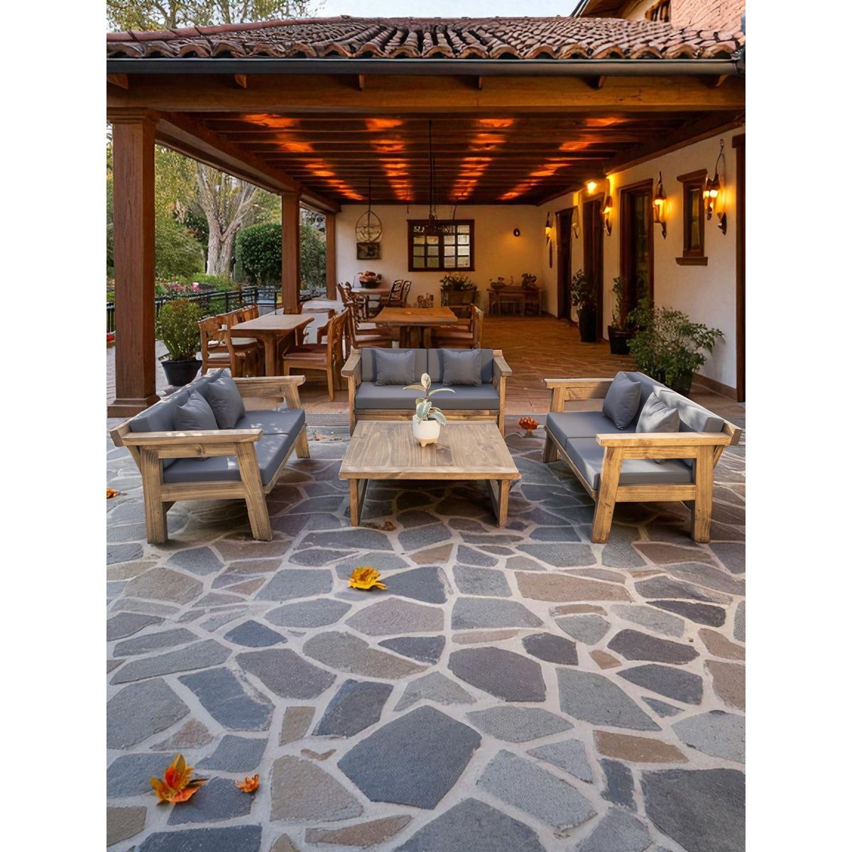 MIARUSTE - TERRAZA RÚSTICA MIARUSTE MARIAND 6 CUERPOS COLOR ROBLE COJINERÍA GRIS MEDIO.