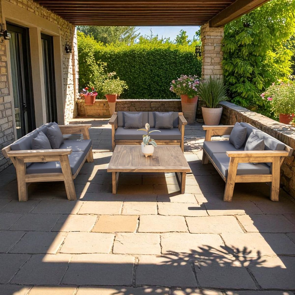 MIARUSTE - TERRAZA RÚSTICA MIARUSTE MARIAND 6 CUERPOS COLOR ROBLE COJINERÍA GRIS MEDIO.